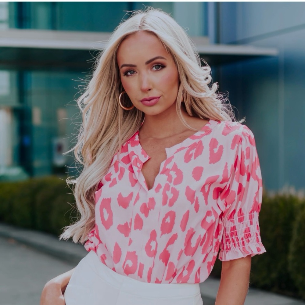 Pink Leopard Print V-neck Bubble Sleeve Smocked Blouse Top Silk Boutique Ruffle - Picture 10 of 12